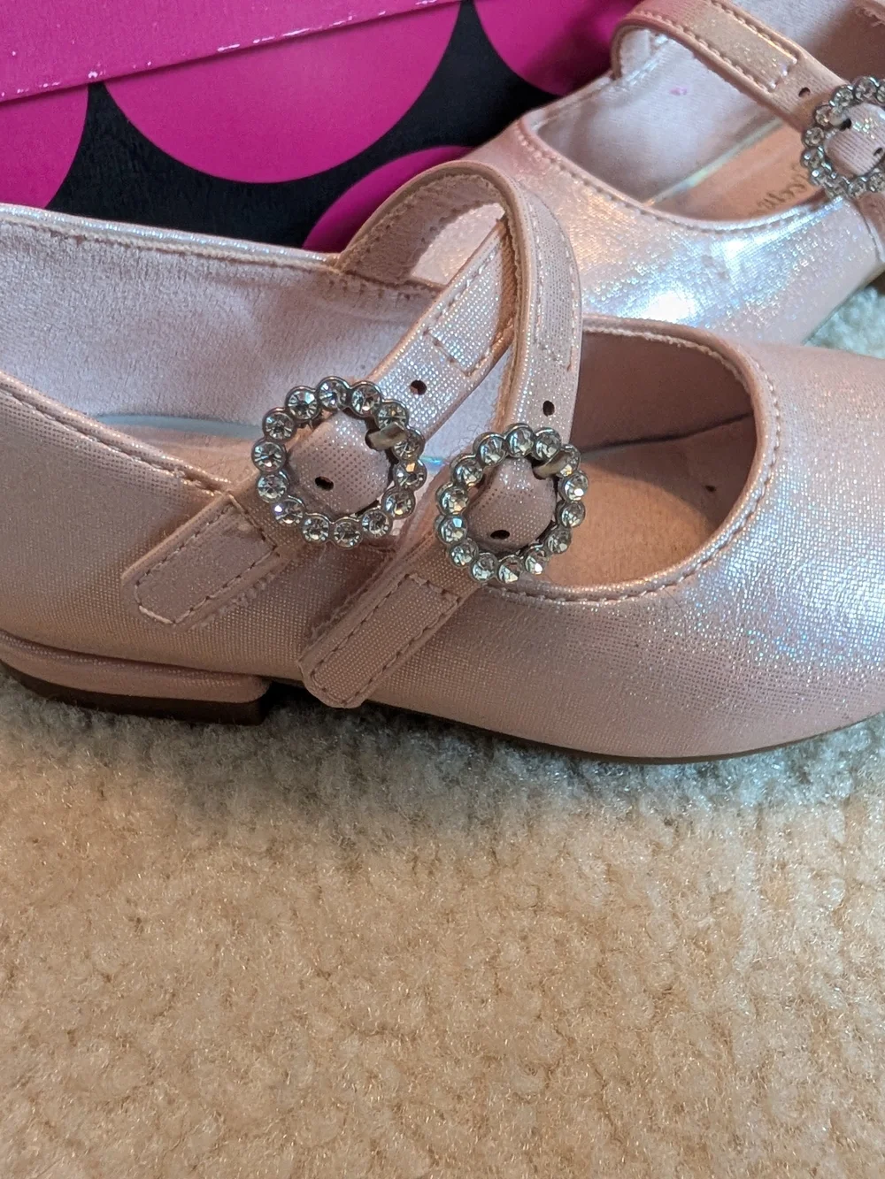 Rose gold pink shiny metallic 2 velcro strap ballerina flats shoes toddler sz 6